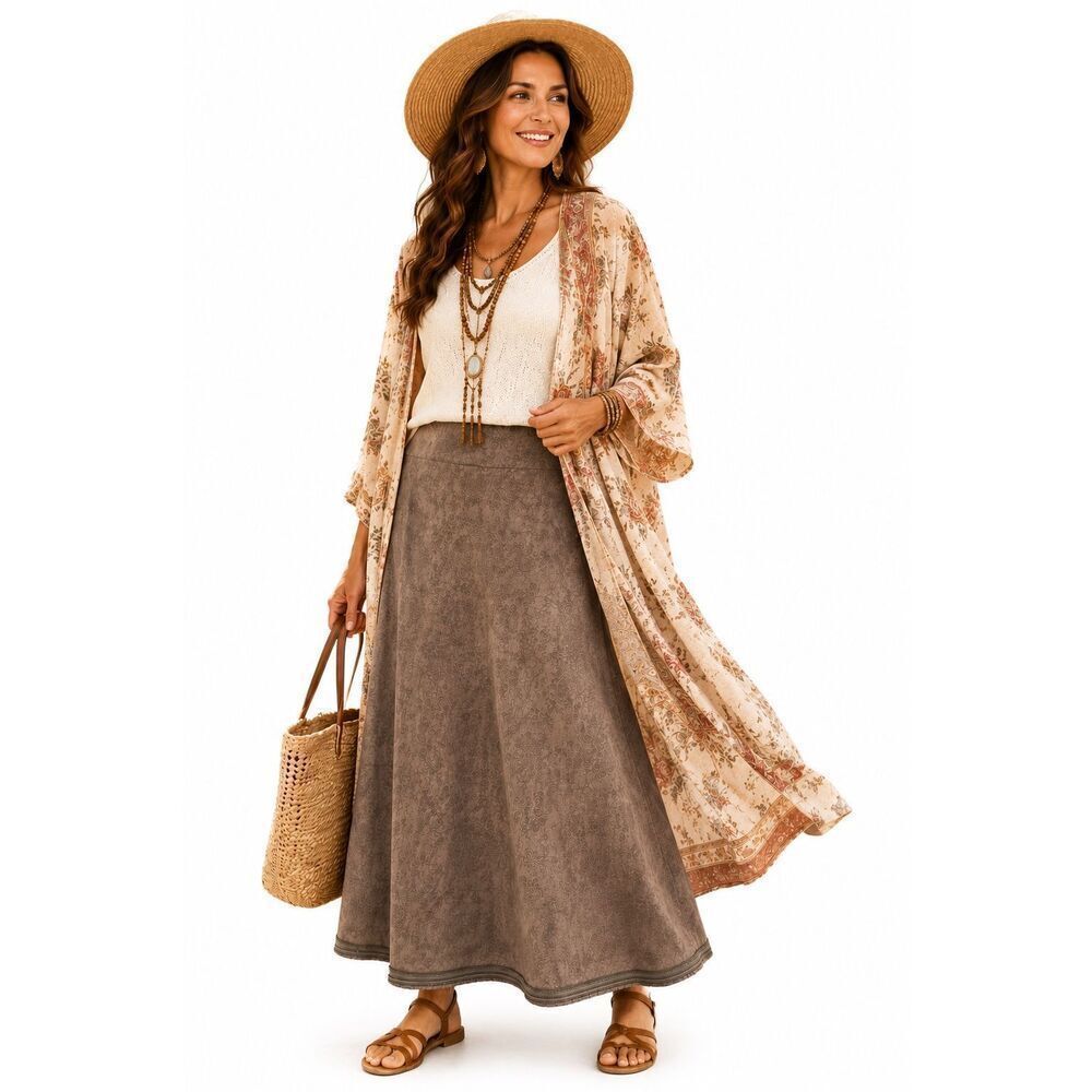 Talbots A-Line Boho Brown Floral Jacquard Maxi Skirt Size 12 NWT 100% Cotton